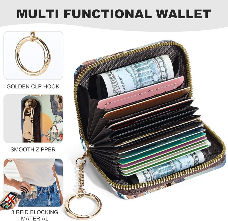 Luoycxy Credit Card Holder for Women,Small Rfid Wallet with Keychain Zipper,Cute PU Leather Card Case Wallet，Accordion Credit Card Wallets Gift,Cats and Dinosaurs - Image 2